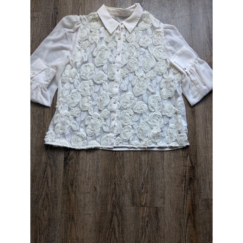 ANEWSTA Curve 3XL Cream White Rose Applique Button Down Blouse Floral‎ Top